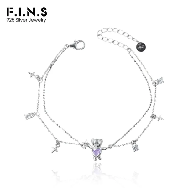 F.I.N.S Original Cute Small Bear S925 Sterling Silver Bracelet Sweet Purple Zircon Star Pendants Layered Adjustable Fine Jewelry