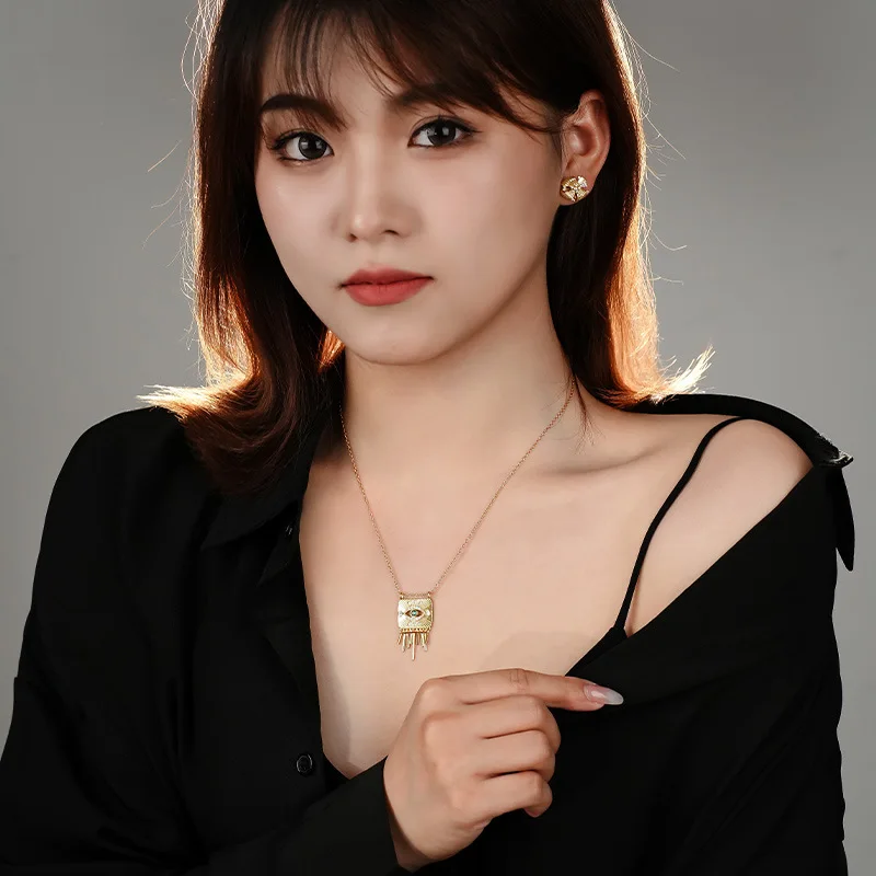 F.I.N.S S925 Sterling Silver Devil's Eye Tassel Necklace Women Retro Style Zirconia Square Pendants Clavicle Chain Fine Jewelry - Image 4
