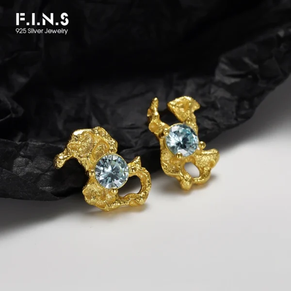 F.I.N.S 925 Sterling Silver Gold Irregular Stud Earrings France Style Wrinkle Solid Silver CZ Black Blue Zircon Ear Fine Jewelry