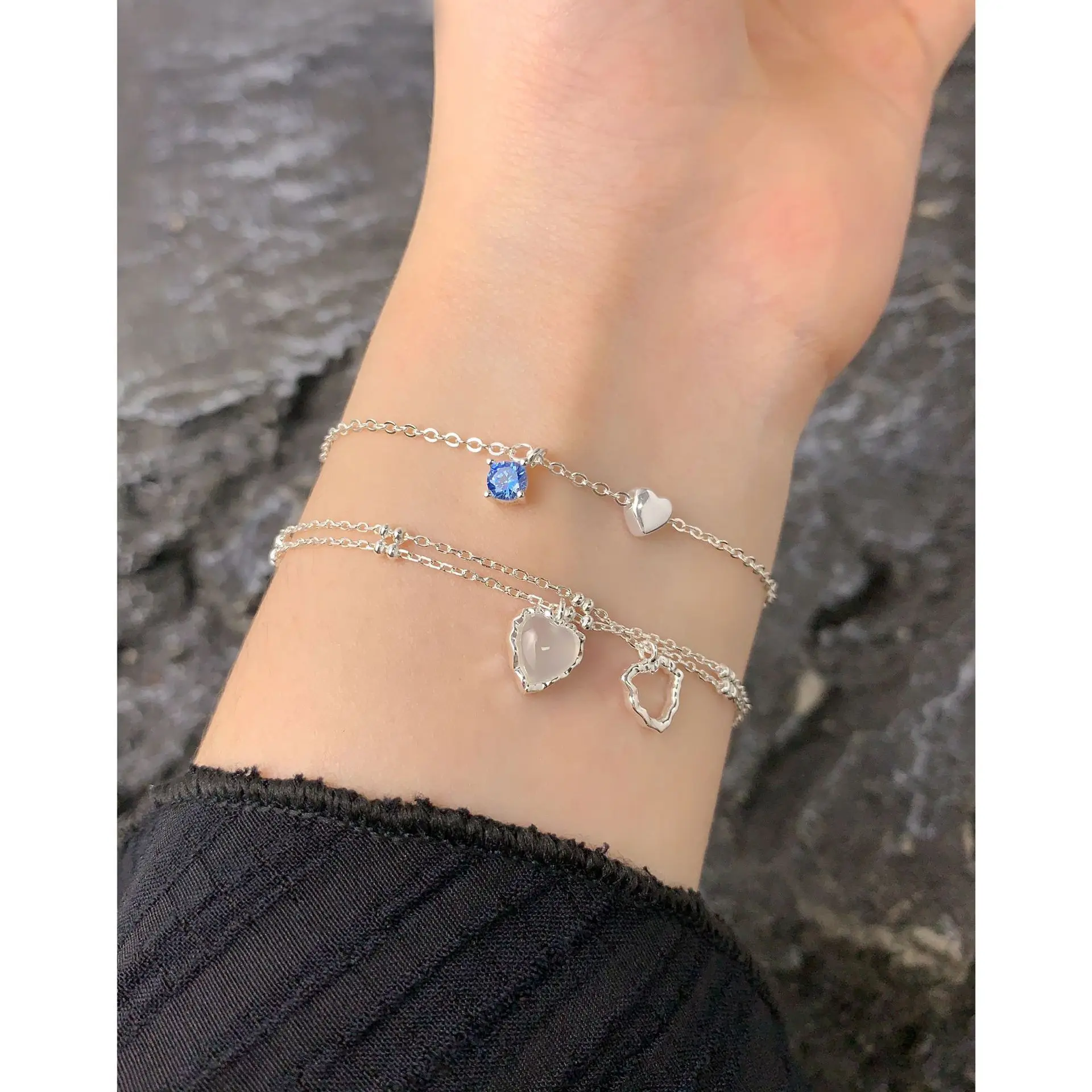 F.I.N.S Original Pure S925 Sterling Silver Heart Pendant Bracelet For Women Luxury Blue Zircon Chain Hand Stackable Fine Jewelry - Image 4