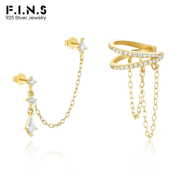 F.I.N.S 1PC S925 Sterling Silver Double-Layer Tassel Chain Ear Clip Zircons Piercing Stud Earrings For Women Catilage Fine Jewel