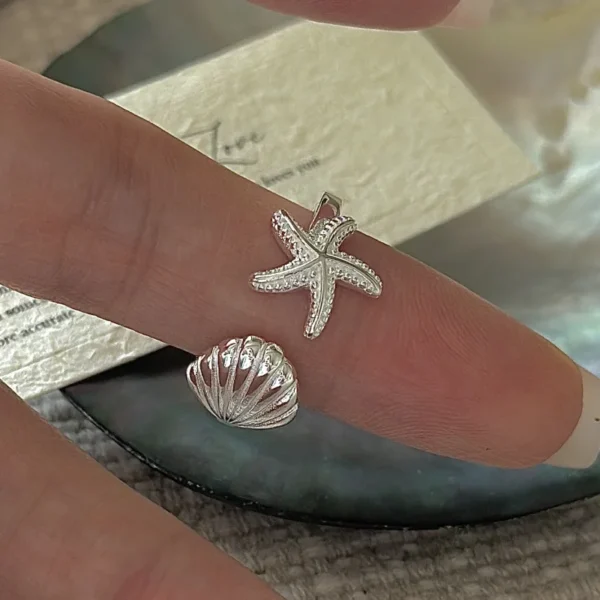 S925 Silver Shell Starfish Ring Korean Vintage Style Ocean Theme Stacking Minimalist Dainty Wholesale Jewelry for Women