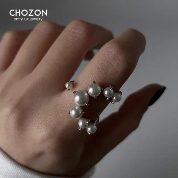CHOZON S925 Solid Silver U-Shape Beaded Ring French Intellectual Wholesale Adjustable Jewelry for Women