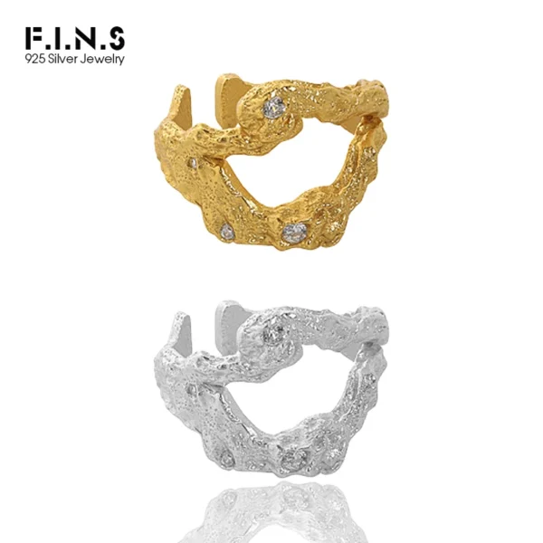 F.I.N.S Irregular Uneven Zircon 100% S925 Sterling Silver Open Ring Female Hollow Cubic Zirconia Finger Wedding Rings 925