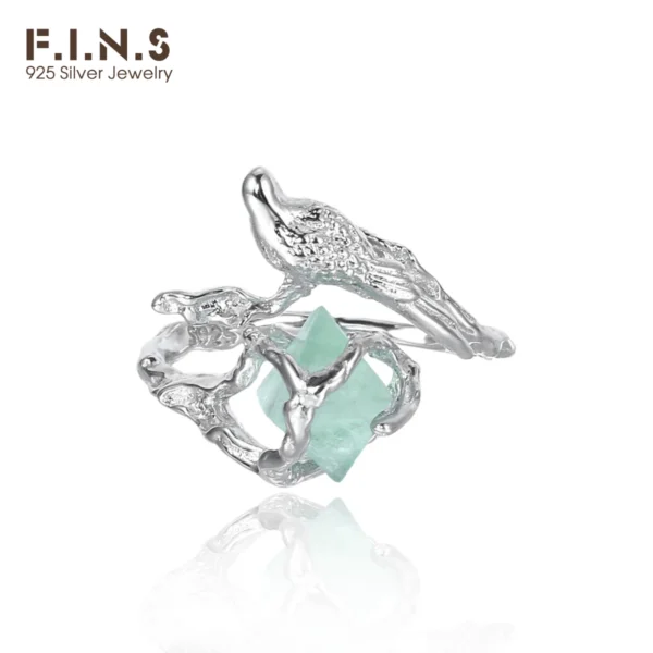 F.I.N.S Bird Fluorite S925 Sterling Silver Ring Irregular Green Stone Open Adjustable Mid Finger Fashion Fine Jewelry Gifts