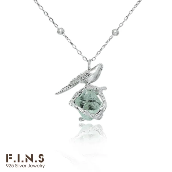 F.I.N.S Irregular Fluorite S925 Sterling Silver Necklace Unique Design Bird On the Stone Pendants For Women Fine Jewelry Gifts