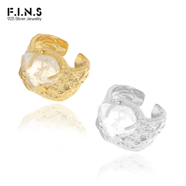 F.I.N.S 100% 925 Sterling Silver Natural Crystal Fold Concave Convex Wide Resizable Adjustable Ring Luxury Fine Jewelry Gift