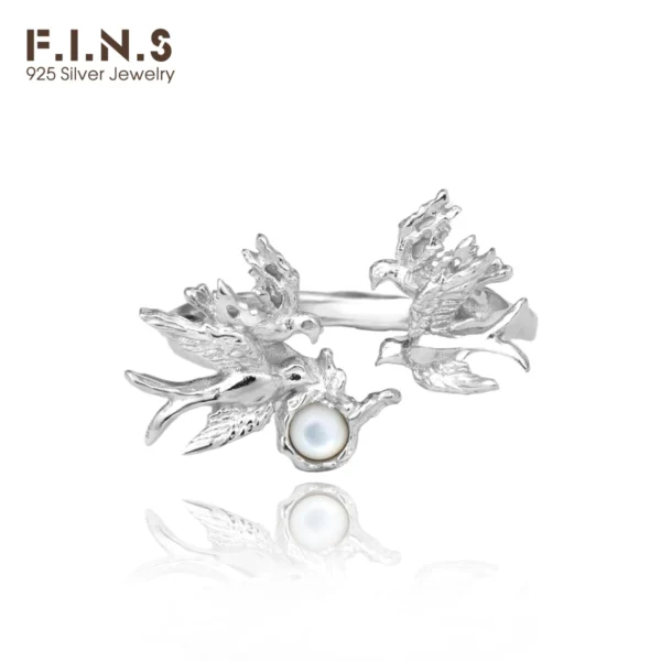 F.I.N.S Original Temperament S925 Sterling Silver Ring Birds White Shell Opening Adjutable Finger Hypoallergenic Fine Jewelry