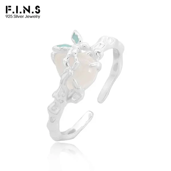 F.I.N.S Original Irregular S925 Sterling Silver Open Ring for Women Wrinkle Texture Butterfly White Agate Index Mid Fine Jewelry