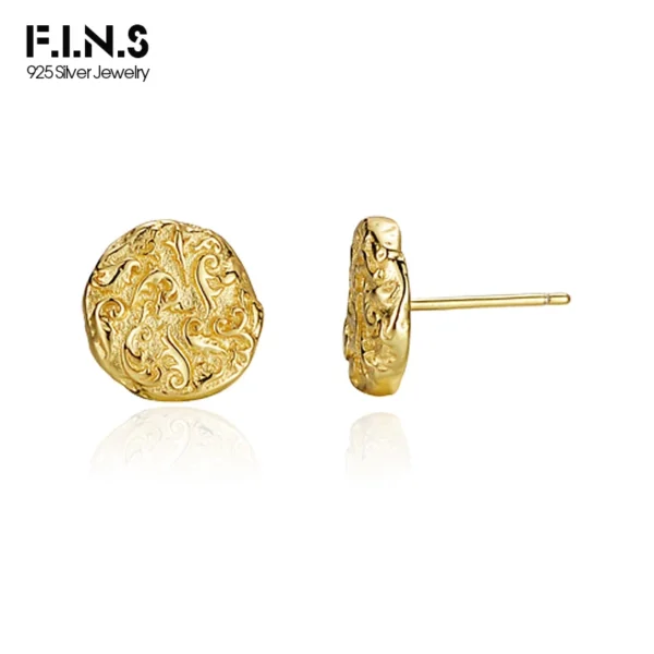 F.I.N.S Fashion Real 925 Sterling Silver Tang Cao Pattern Stud Earrings Relief Round Flat Ear Piercing Fine Jewelry Anti-Allergy