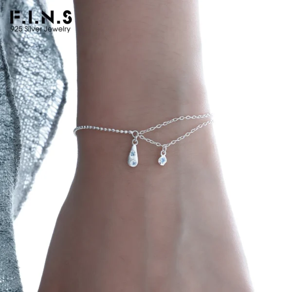 F.I.N.S Original Brushed S925 Sterling Silver Blue Zircon Bracelet Simple Slim Chains Small Waterdrop Pendants Hand Fine Jewelry