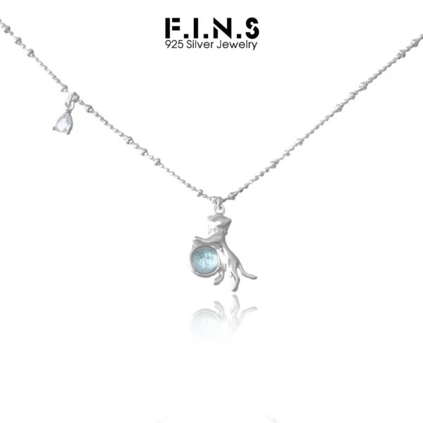 F.I.N.S Original Kitten with Blue Glass Ball S925 Sterling Silver Necklace Cat Waterdrop Zircon Pendant Bead Chain Fine Jewelry