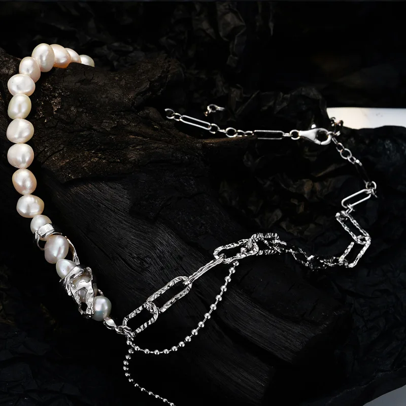 F.I.N.S Asymmetrical Chain S925 Sterling Silver Irregular Freshwater Pearl Link Chain Clavicle Necklace Statement Fine Jewelry - Image 4