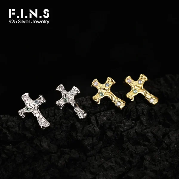 F.I.N.S Korean Fashion Cross S925 Sterling Silver Zircon Stud Earrings Hypoallergenic Classic Punk Faith Earrings Fine Jewelry