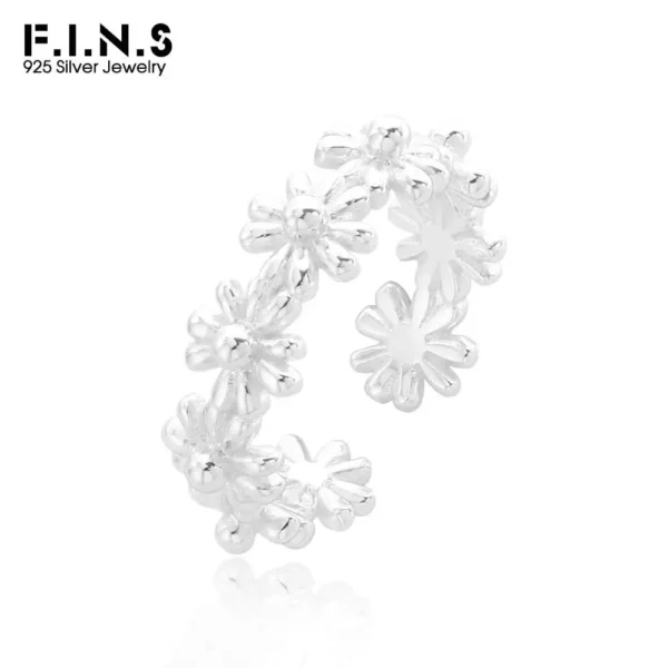 F.I.N.S Original 925 Sterling Silver Stacked Daisy Flower Finger Ring for Women Gift Romantic Floral Open Adjustable Fine Jewels
