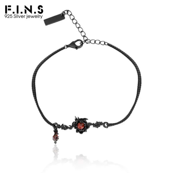 F.I.N.S Original S925 Sterling Silver Black Rose Bracelet Retro Old Fashion Red CZ Flower Double Layer Chain Hand Fine Jewelry