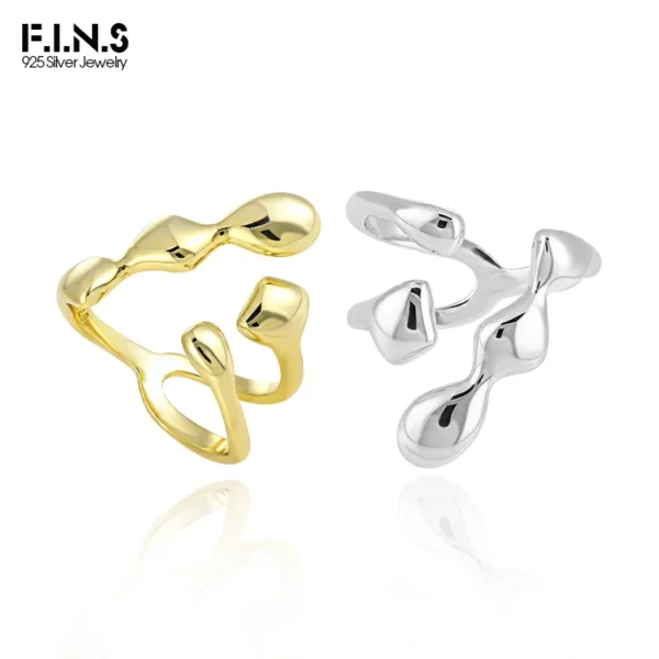 F.I.N.S Irregular Glossy Real S925 Sterling Silver Gold Plain Open Rings Adjustable Wide Finger Minimalist Party Fine Jewelry