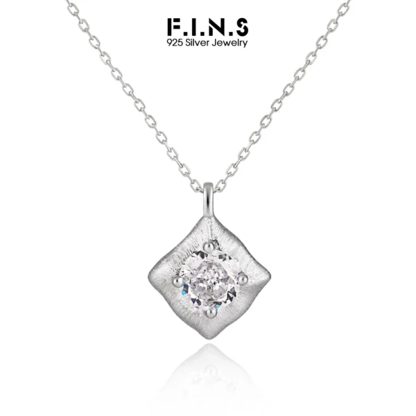 F.I.N.S Original Brushed S925 Sterling Silver Necklace Women Luxury Texture Geometric Square Zircon Pendants Clavicle Chain