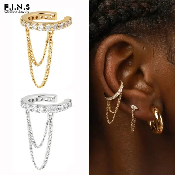 F.I.N.S 1PC INS Double-Layer Chain Tassel Clip Earrings For Women 925 Sterling Silver Fake Piercing Cartilage Earring Jewelry