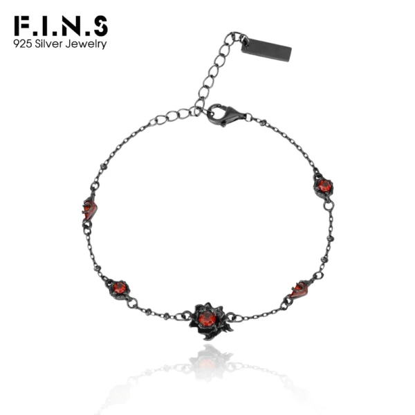 F.I.N.S Original Design S925 Sterling Silver Black Rose Bracelet For Women Retro Vintage Red Zirconia Flower Hand Fine Jewelry