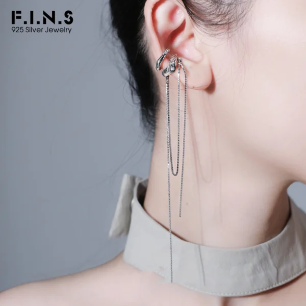 F.I.N.S 1PC Original Tassel Box Chain 100% S925 Sterling Silver Ear Clip Double-Layer Zircon Earrings No Ear Hole Catilage Jewel