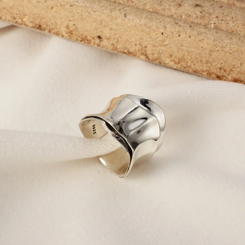 Japanese 925 Sterling Silver Origami Texture Ring for Women Wind Retro Irregular Ring Opening trendy Luxury Wedding Ring Set - Image 3