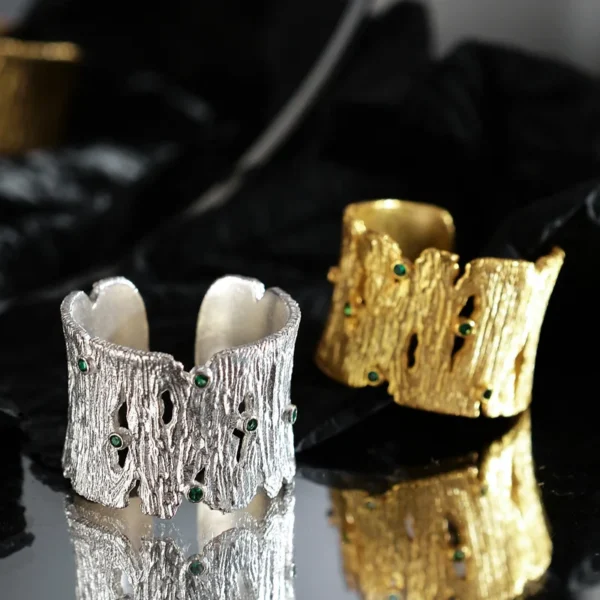 MLKENLY Creative design niche S925 sterling silver bark texture ring female ins wind inlaid zircon open ring gift