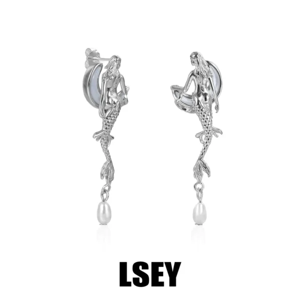 MLKENLY Unique 925 Sterling Silver Mermaid Moon White Shell Earnail Cold Wind Small Stud Earrings for Women Silver Jewelry