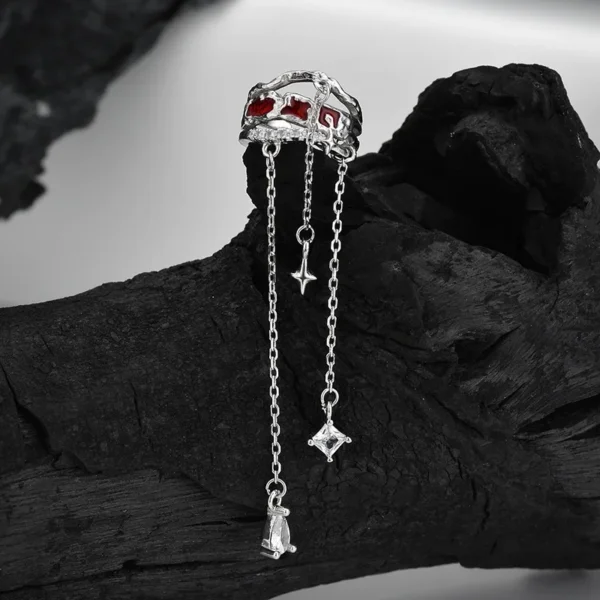 Minority designer S925 pure silver wine red enamel ear clip for women without ear holes, long tassel ear clip