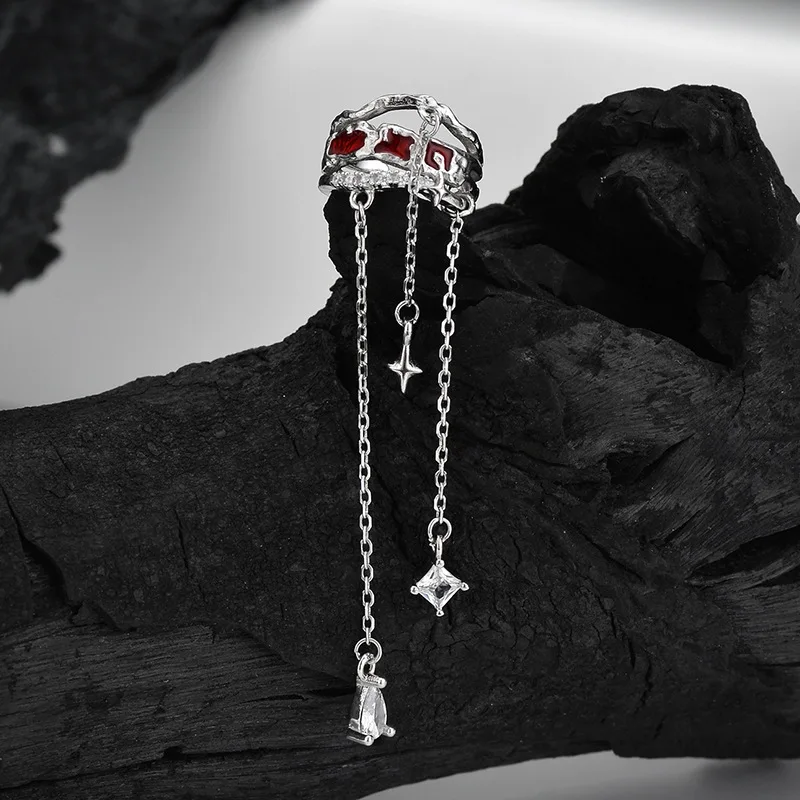 Minority designer S925 pure silver wine red enamel ear clip for women without ear holes, long tassel ear clip