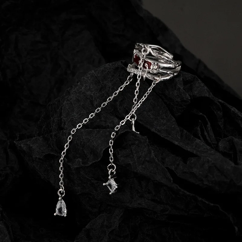 Minority designer S925 pure silver wine red enamel ear clip for women without ear holes, long tassel ear clip - Image 3