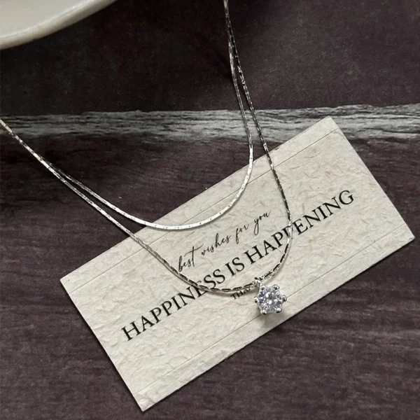 925 Sterling Silver Personalized Multi-layer Stacked Diamond Necklace Female Sweet Flash Diamond Six-claw Round Collarbone Chain