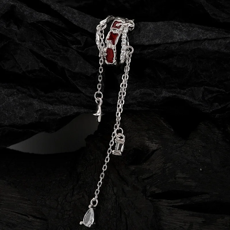 Minority designer S925 pure silver wine red enamel ear clip for women without ear holes, long tassel ear clip - Image 2