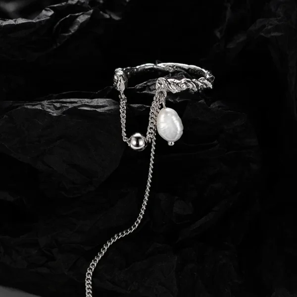 MLKENLY S925 Sterling Silver Texture Baroque Pearl Ring Female Ins Open tassel Earrings