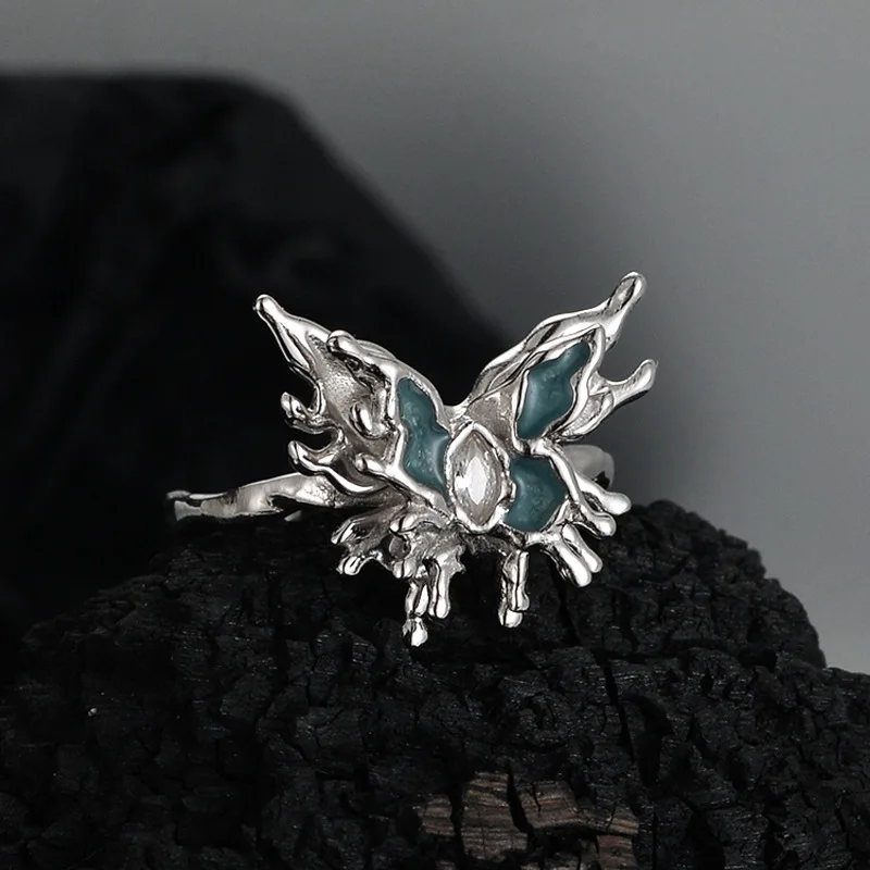 Design Sense S925 Sterling Silver Diamond Irregular Butterfly Ring Women's Open Enamel Index Finger Ring - 画像 (2)