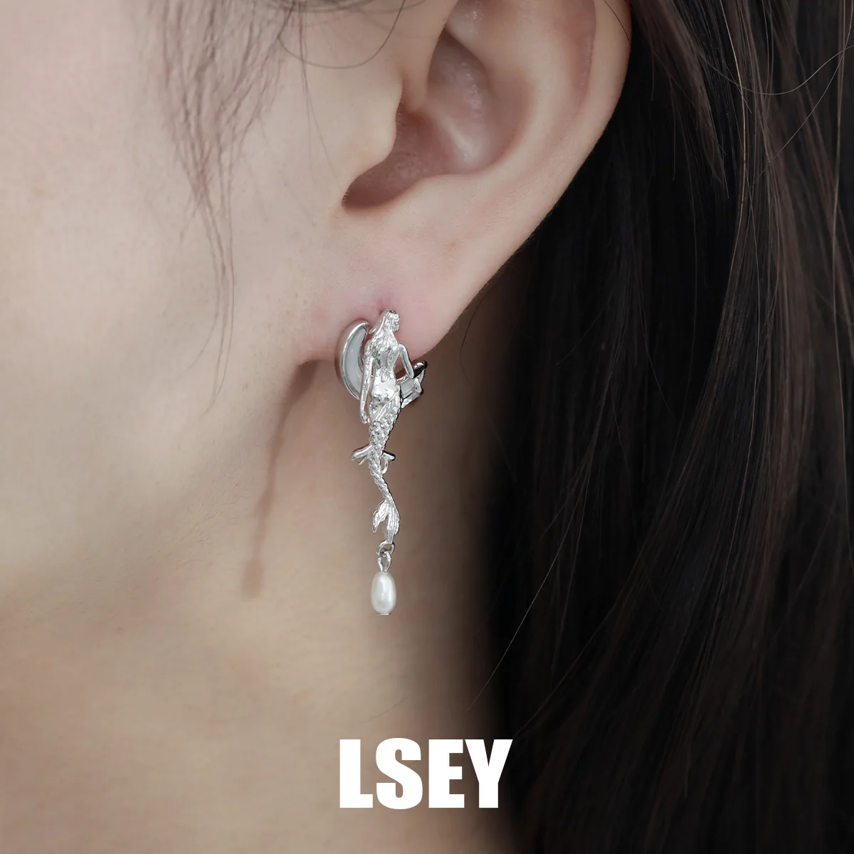MLKENLY Unique 925 Sterling Silver Mermaid Moon White Shell Earnail Cold Wind Small Stud Earrings for Women Silver Jewelry - Image 2