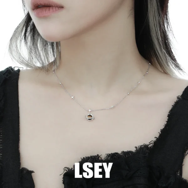 MLKENLY S925 Sterling Silver Versatile temperament Saturn tiger eye stone Pendant Necklace For Women ?Collarbone Chain Sets