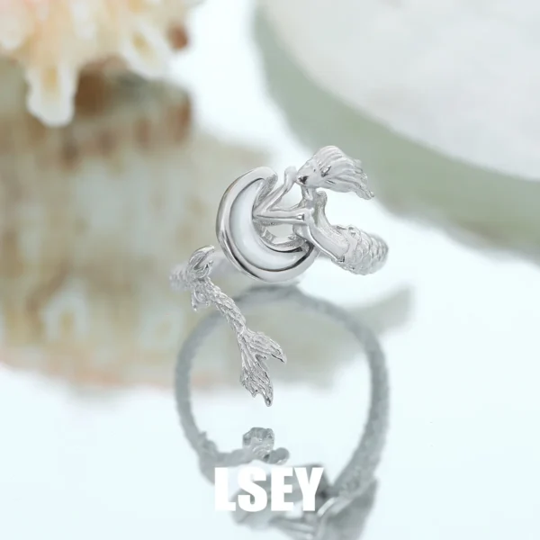 MLKENLY S925 sterling silver Mermaid Moon White Shell Ring Cold Wind Open Ring for Women Engagement Jewelry Gift