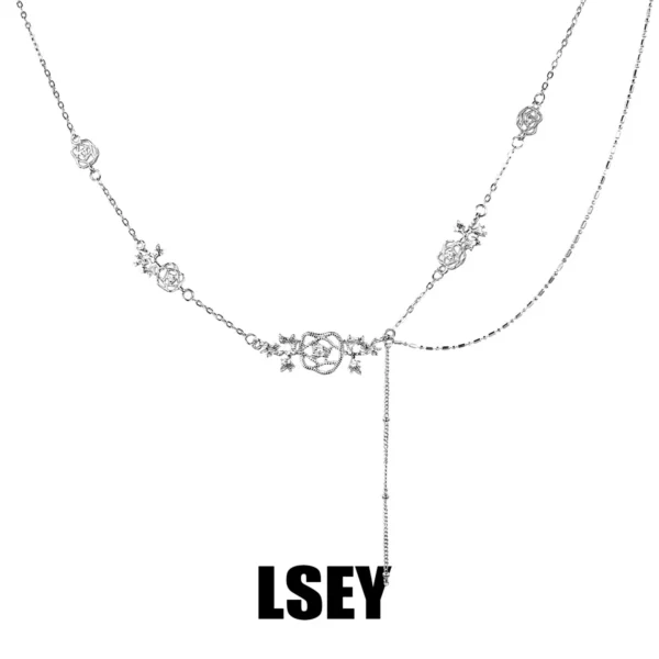 MLKENLY S925 Sterling Silver Lace Rose Necklace For Women Rose Fine Jewelry Simple Style Classical hollowed out woven jewelry