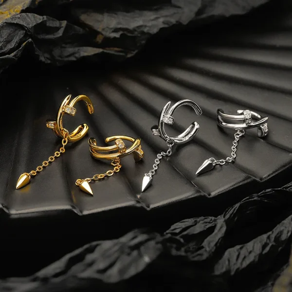 S925 Sterling Silver Diamond studded nail earrings for women without ear holes, sweet and cool long tassel ear clips