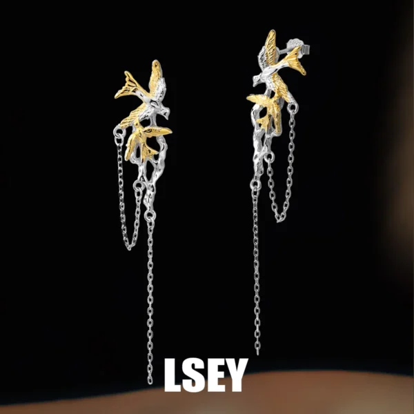 MLKENLY S925 sterling silver Flying bird dual color tassel earrings cold wind For Women Fashion Accessories Wholesale