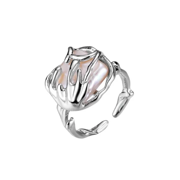 MLKENLY S925 sterling silver French Baroque Pearl Ring, Cold Style, High Grade, Open Mouth Square Bead, Finger Ring, Female