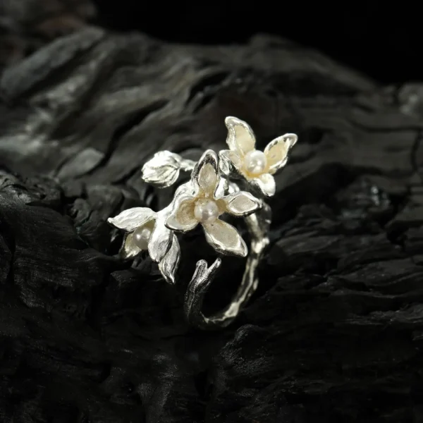 MLKENLY S925 sterling silver New Chinese Texture Pearl Orchid Blossoms Open Ring Light Luxury Style