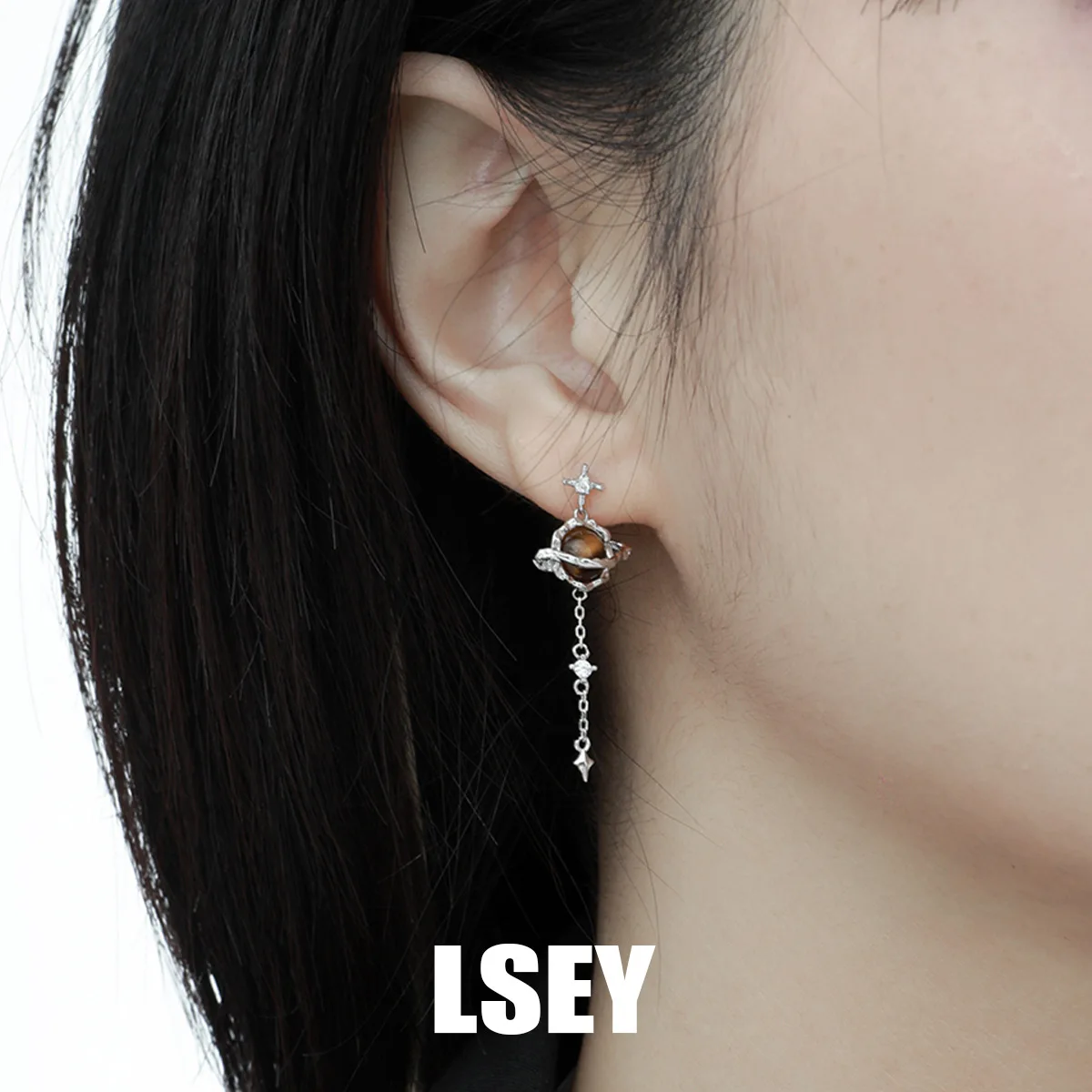 MLKENLY S925 Sterling Silver Individualized Ins Cool Style High End Versatile Saturn Tiger Eye Stone Earnail Female - Image 3