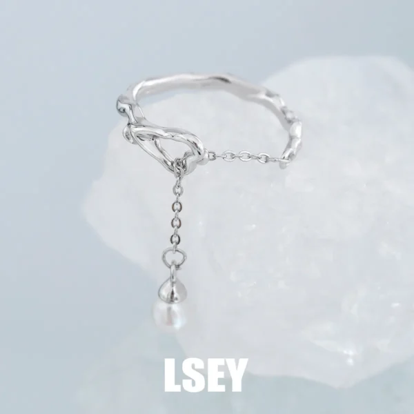 MLKENLY S925 sterling silver Liquid pearl chain ring For Women Gift Irregular Punk Adjustable Jewelry