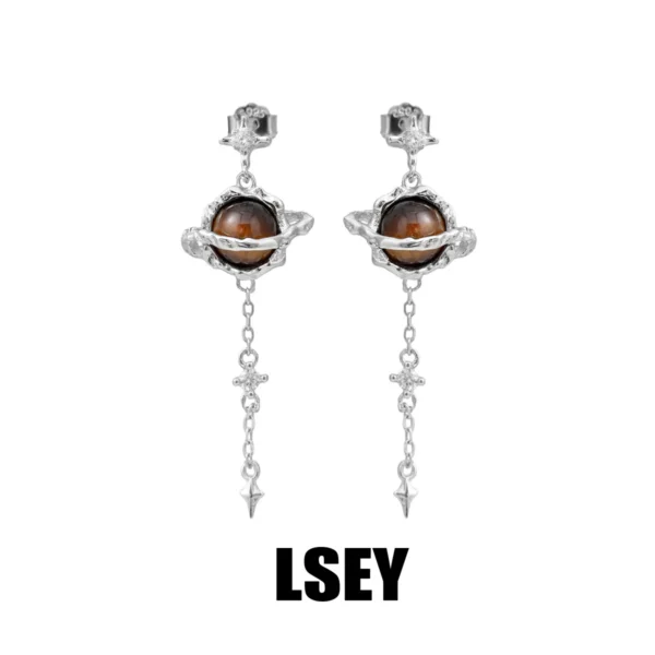 MLKENLY S925 Sterling Silver Individualized Ins Cool Style High End Versatile Saturn Tiger Eye Stone Earnail Female