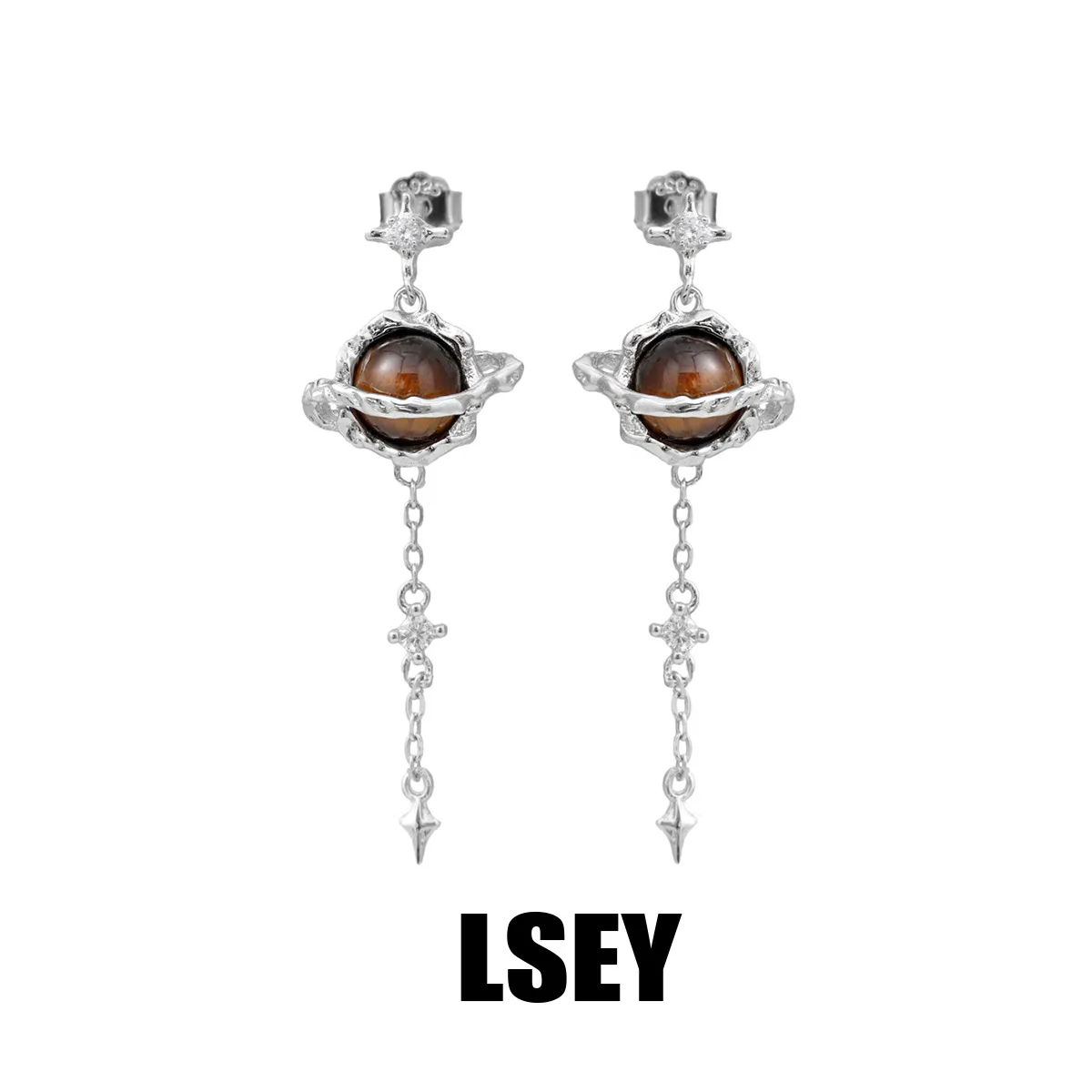MLKENLY S925 Sterling Silver Individualized Ins Cool Style High End Versatile Saturn Tiger Eye Stone Earnail Female