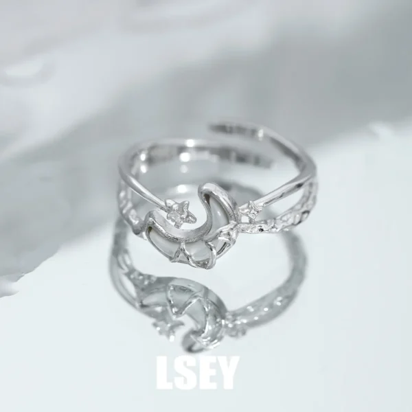 MLKENLY S925 sterling silver Star Moon White Bay Zircon Ring Cold Wind open ring Exquisite Korean Hot-Selling Jewelry Girl Frien