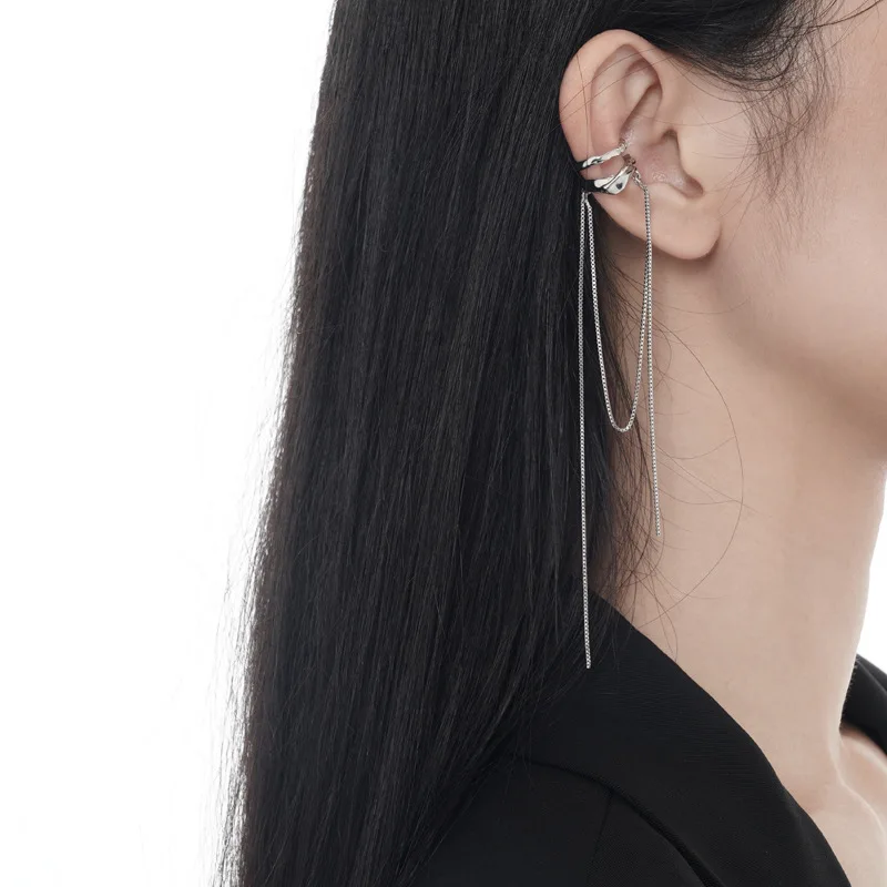 Micro fringed ear bone clip female minority design S925 sterling silver double-layer chain ear clip without ear hole senior cuff - Image 2