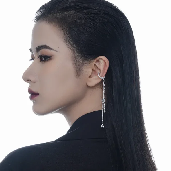 MLKENLY S925 sterling silver Diamond studded chain tassel pearl ear clip, female irregular texture long ear cuff